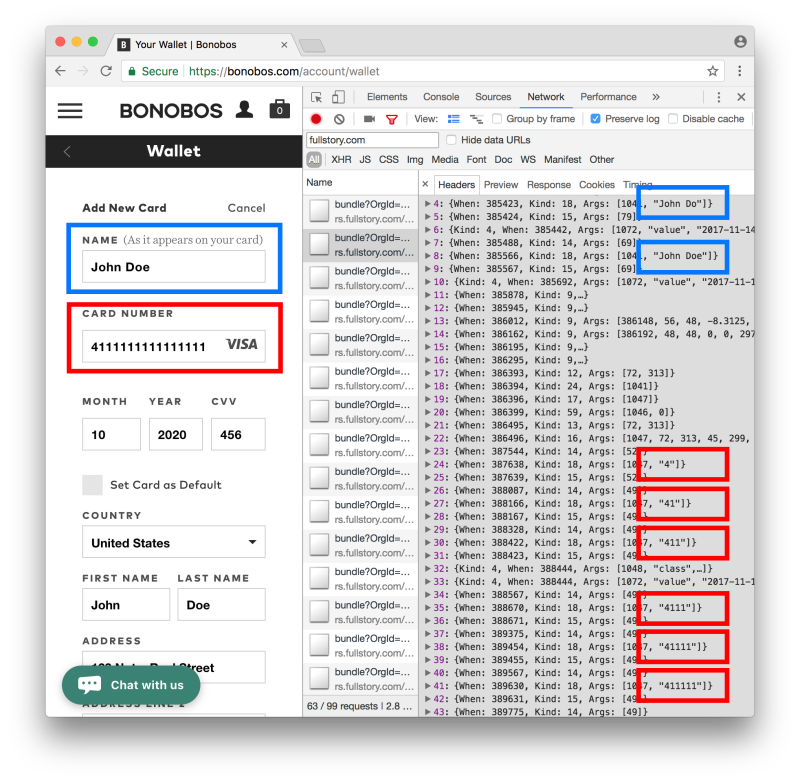 Credit card data leaking on Bonobos checkout page