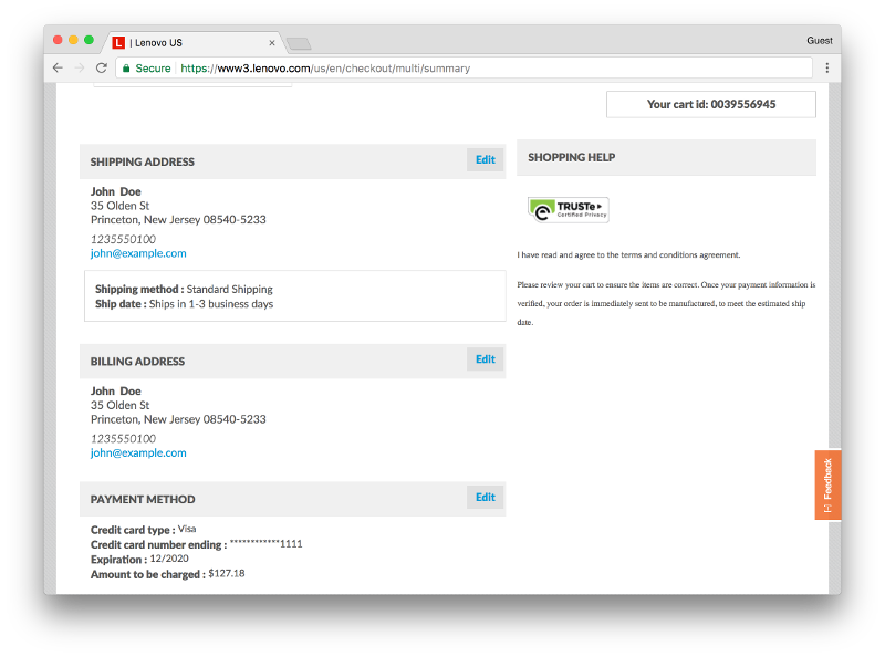 Lenovo's checkout process leaks shipping and payment information.