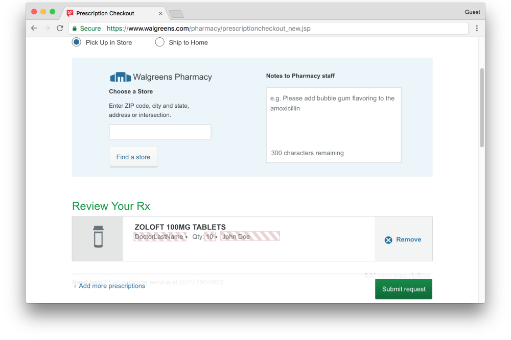 Walgreens prescription request page leaks prescription information