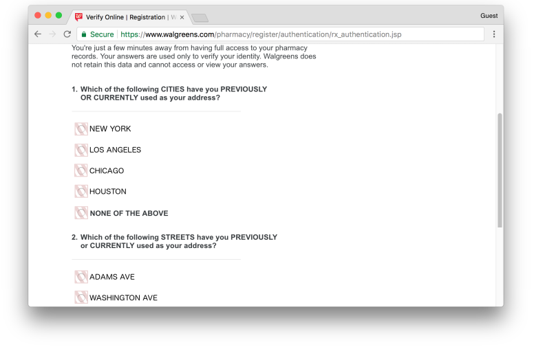 Walgreens identity verification page leaks answers to questions