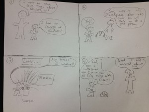 Our storyboard. Little Timmy learns to be nice to people / robots!