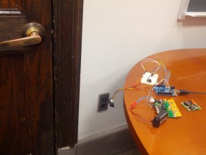 The "door-mounted" version of our prototype, which detects when the door is opened and alerts the user if tagged items are nearby or missing.