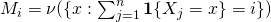 M_i = \nu(\{ x : \sum_{j=1}^n \mathbf{1}\{X_j = x\} = i \})