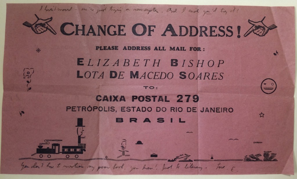 Change of address note from Elizabeth Bishop and Lota de Macedo Soares to Joseph Frank (September 28, 1955) from the Elizabeth Bishop letters in the Joseph Frank Correspondence (C1515).