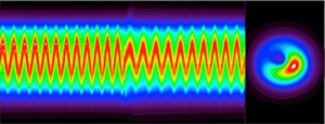 Left: Time sequence of a snake, in red, depicted by x-ray detectors. The sawtooth crash occurs halfway through the sequence and barely perturbs the snake.  Right: X-ray reconstruction of cross-section of crescent snake inside Alcator C-Mod.  Credit: Luis Delgado-Aparicio  