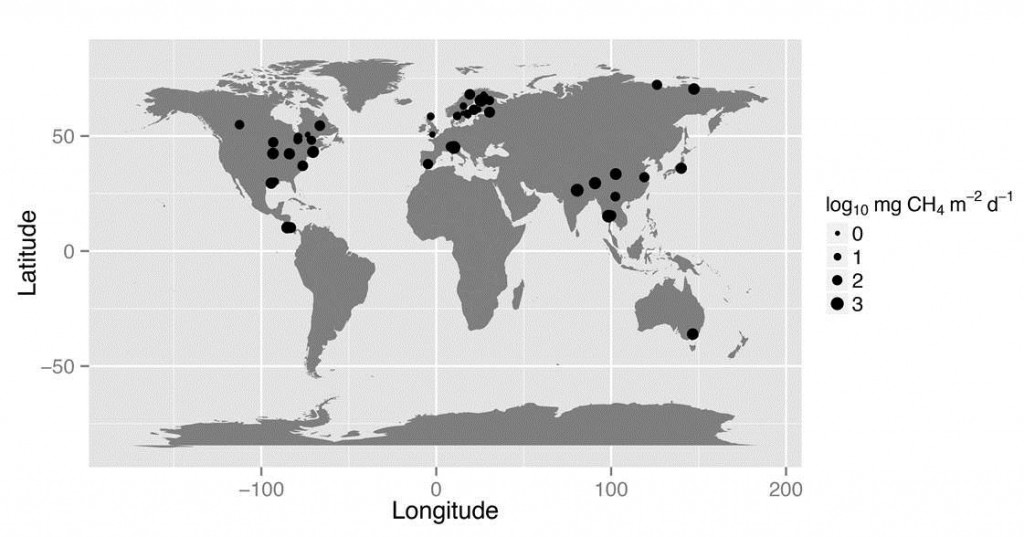 New research in the journal Nature found that for each degree that the Earth's temperature rises, the amount of methane entering the atmosphere from microorganisms dwelling in freshwater wetlands — a primary source of the gas — will increase several times. The researchers analyzed nearly 1,600 measurements of temperature and methane emissions from 127 freshwater ecosystems across the globe (above), including lakes, swamps, marshes and rice paddies. The size of each point corresponds with the average rate of methane emissions in milligrams per square meter, per day, during the course of the study. The smallest points indicate less than one milligram per square meter, while the largest-sized point represents more than three milligrams. (Image courtesy of Cristian Gudasz)