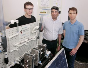 Pictured with the photovoltaic-electrochemical cell system from left to right: Graduate student James White (Princeton), Professor Andrew Bocarsly (Princeton and Liquid Light) and principal engineer Paul Majsztrik (Liquid Light). (Photo by Frank Wojciechowski)