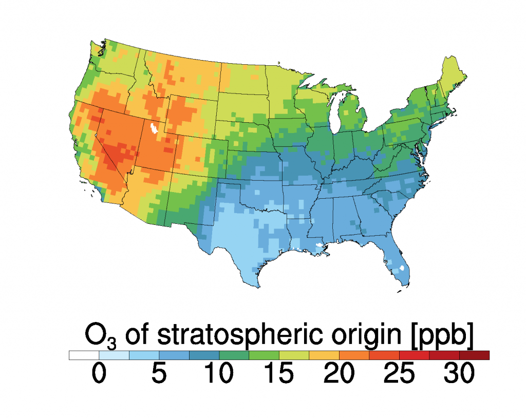 The contribution of stratospheric ozone to US surface ozone peaks in the western Rockies during late spring. This map shows mean contribution in parts per billion by volume (ppbv) for May to June. Credit: NOAA
