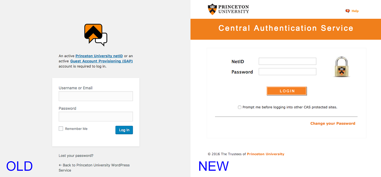 Screenshot of old and new login pages