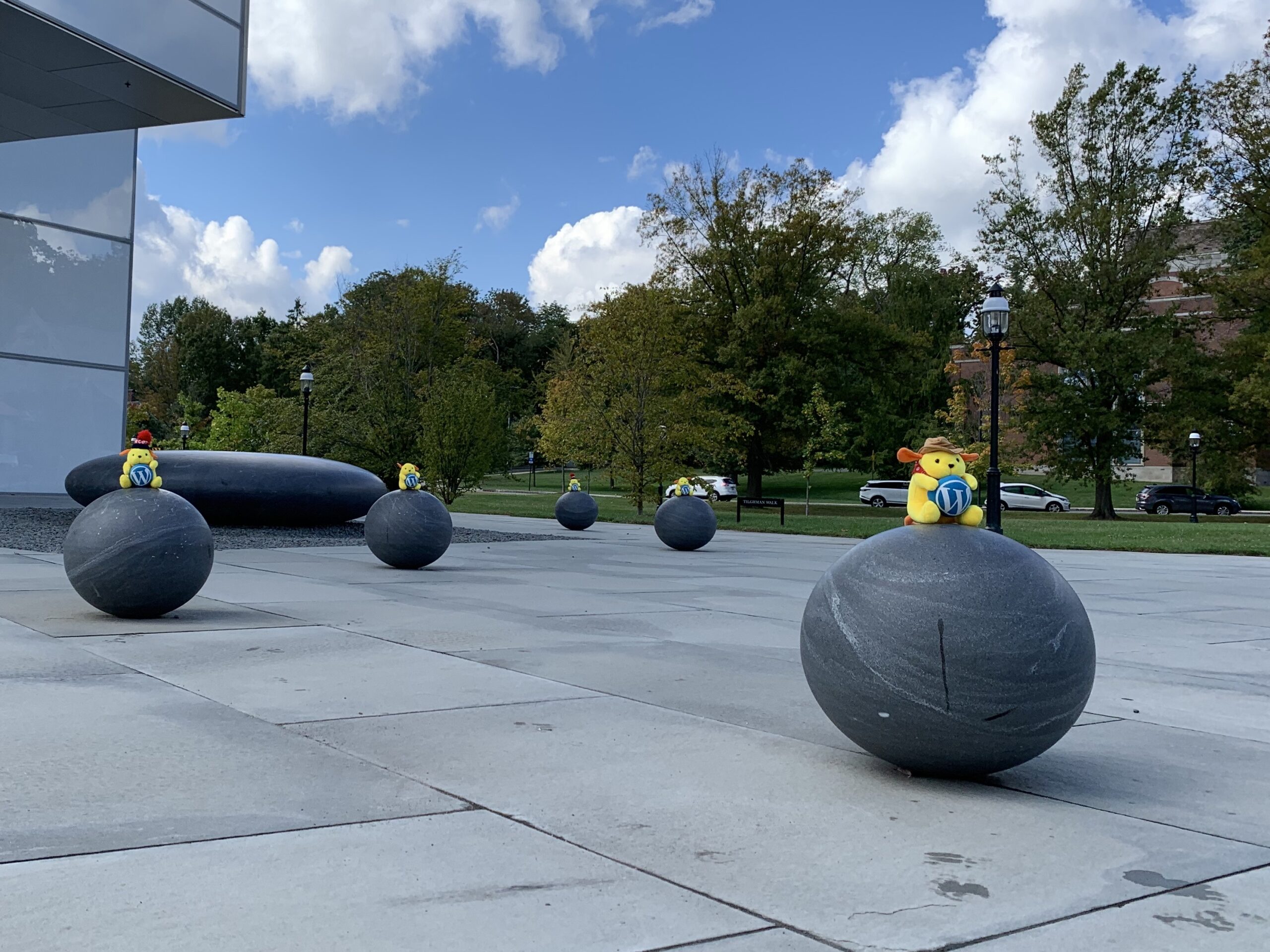 Stuffed WordPress mascots sitting on granite spheres near Lewis Center for the Arts.