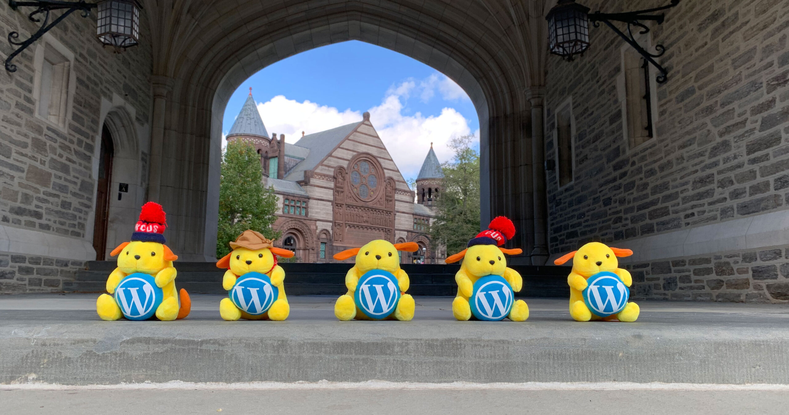 5 stuffed WordPress mascots sitting under Blair Arch, in front of Alexander Hall