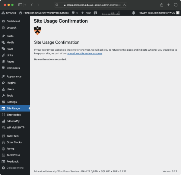 Screenshot of Site Usage Confirmation page with no confirmations recorded and explanation that the confirmation option will appear after one year of inactivity. The Site Usage menu is highlighted on the left.