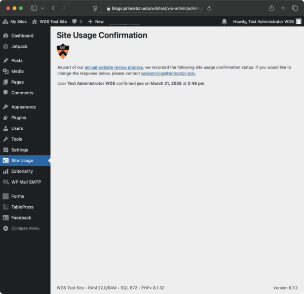 Screenshot of Site Usage Confirmation page with explanation of the annual website review process and a message that a particular user confirmed yes on March 21. The Site Usage menu is highlighted on the left.