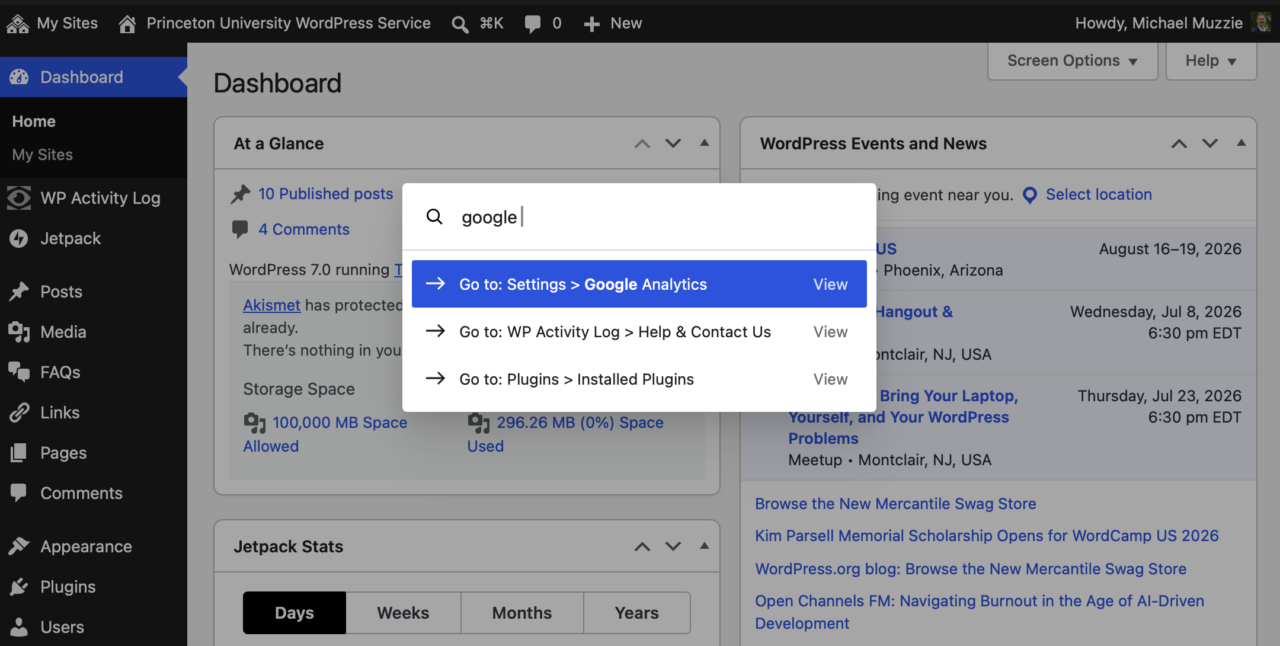 Screenshot of Command Palette with an example search for Google Analytics