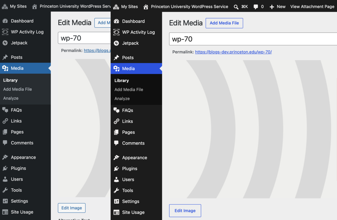 Two screenshots of the Edit Media page, with the old admin theme left and the newer admin theme right. The new theme has higher contrast and a brighter blue highlight.